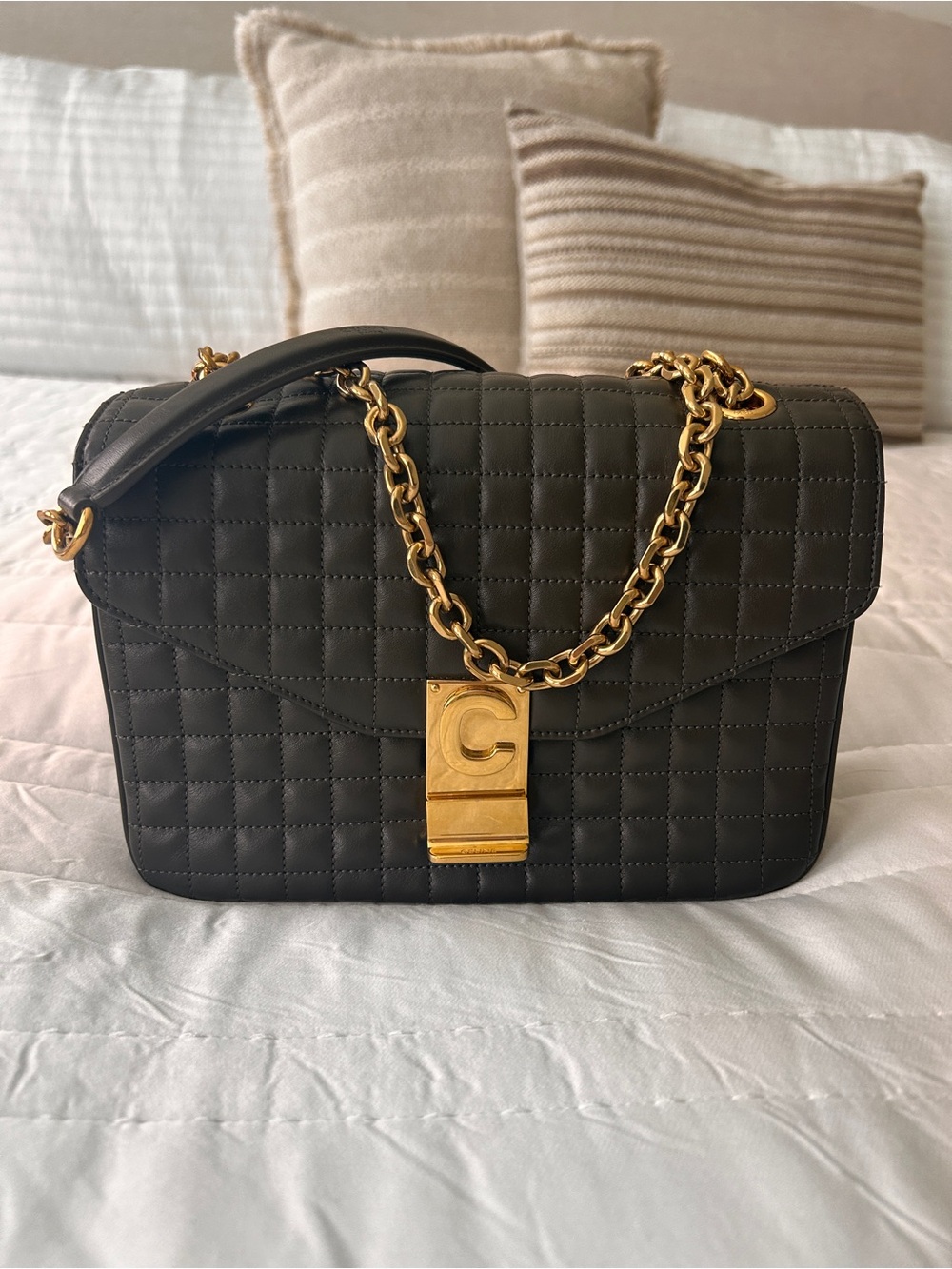 Celine Brown Quilted Shoulder Bag with Gold Chain